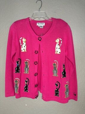 Jack B Quick Pink Cat Embroidered Button Cardigan Vintage whimsical